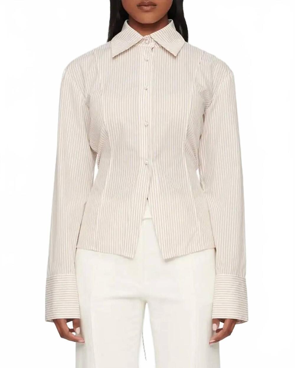 NEW CLEA herman striped fitted button-front shirt in oat stripe